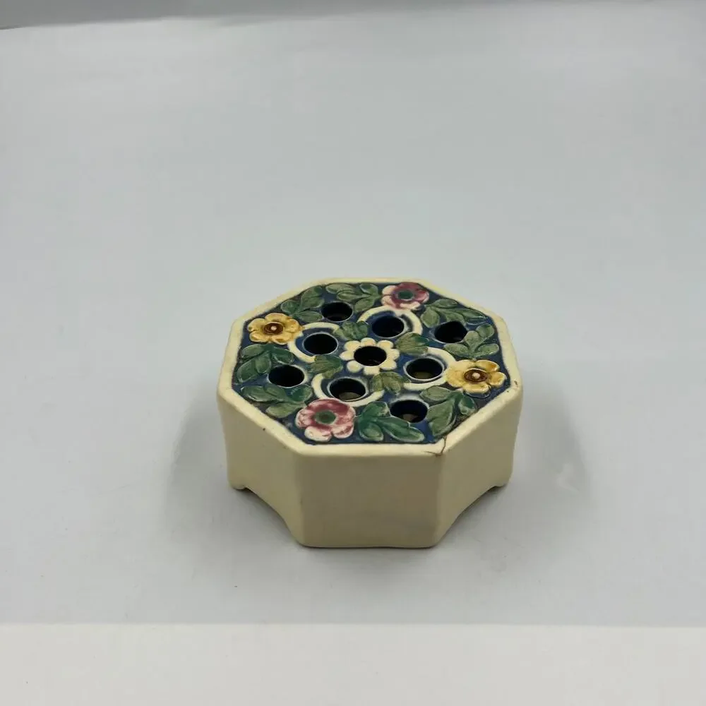 Antique Weller Ware Ceramic Florala 9 Hole Flower‎ Frog Vase RARE 1920's FLAW